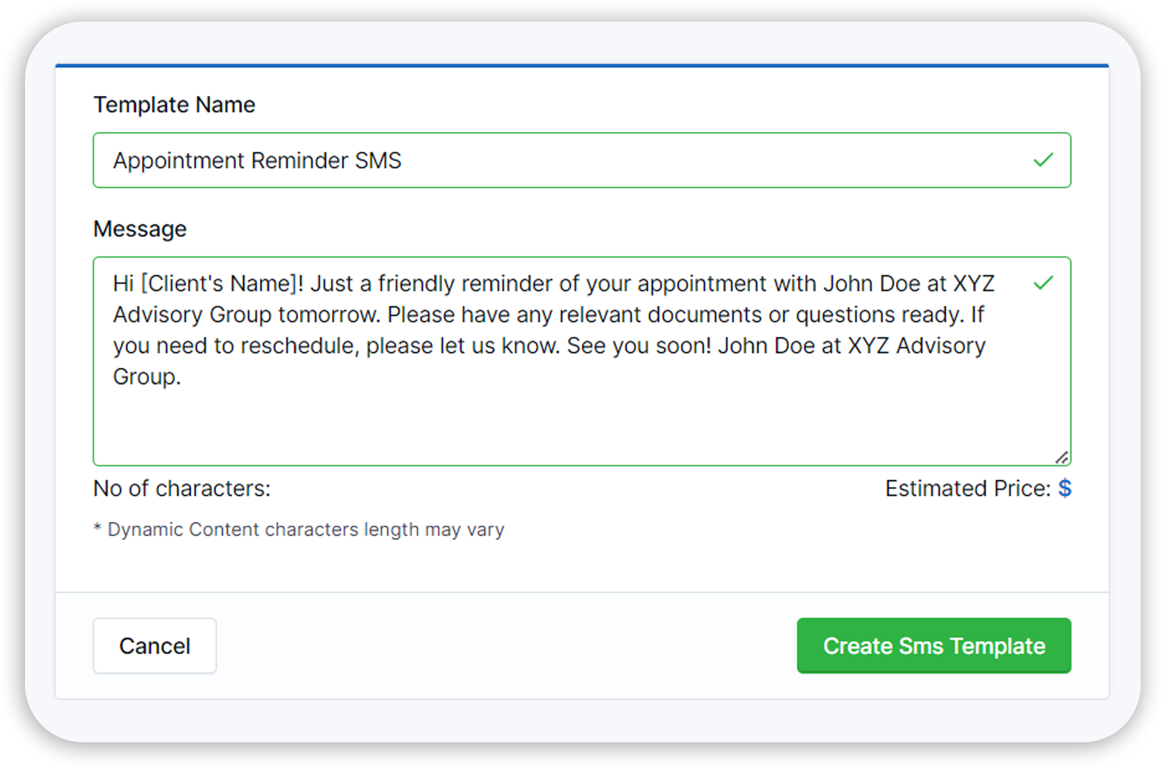 SMS template