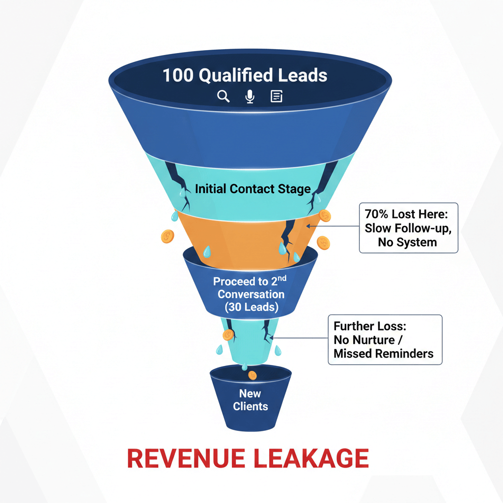 A diagram showing a "Leaky Funnel" where leads drop off at the 'Initial Contact' and 'Follow-Up' stages.