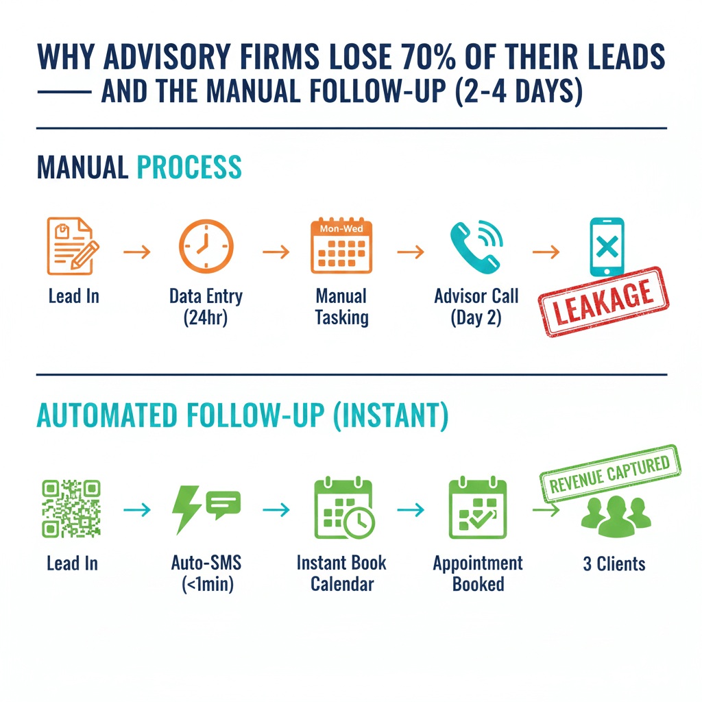 Infographic comparing "Manual Follow-Up Timeline" (2-4 days) vs. "Automated Follow-Up Timeline" (Instant).
