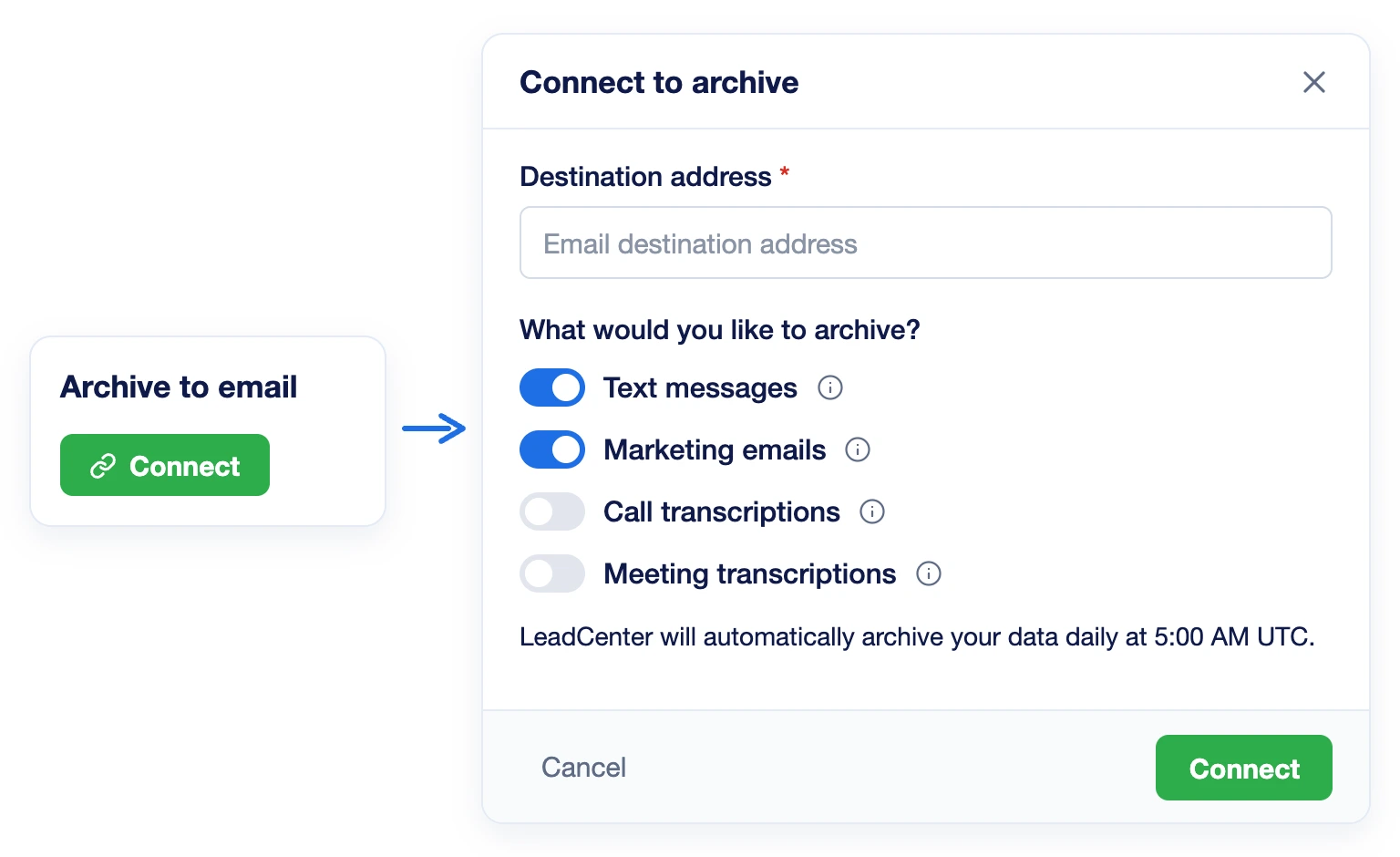 The Archive to email card in LeadCenter Integrations opens the Connect to archive window with the destination address and four archive types