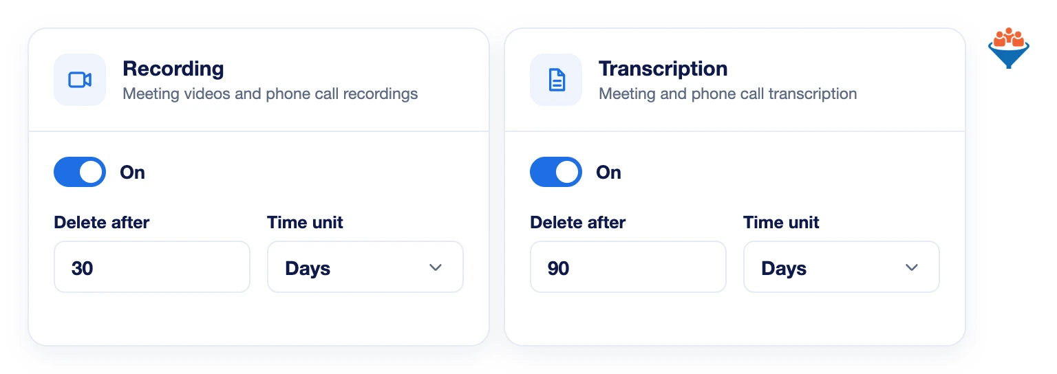Claudia AI data retention settings for recordings and transcriptions