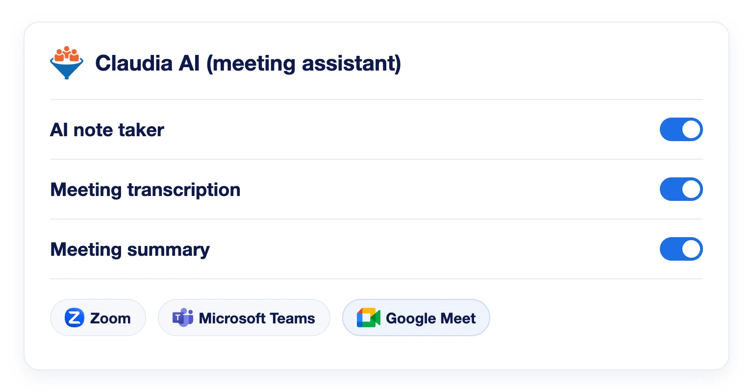Claudia AI meeting assistant settings with AI note taker, meeting transcription and meeting summary turned on, for Zoom, Microsoft Teams and Google Meet
