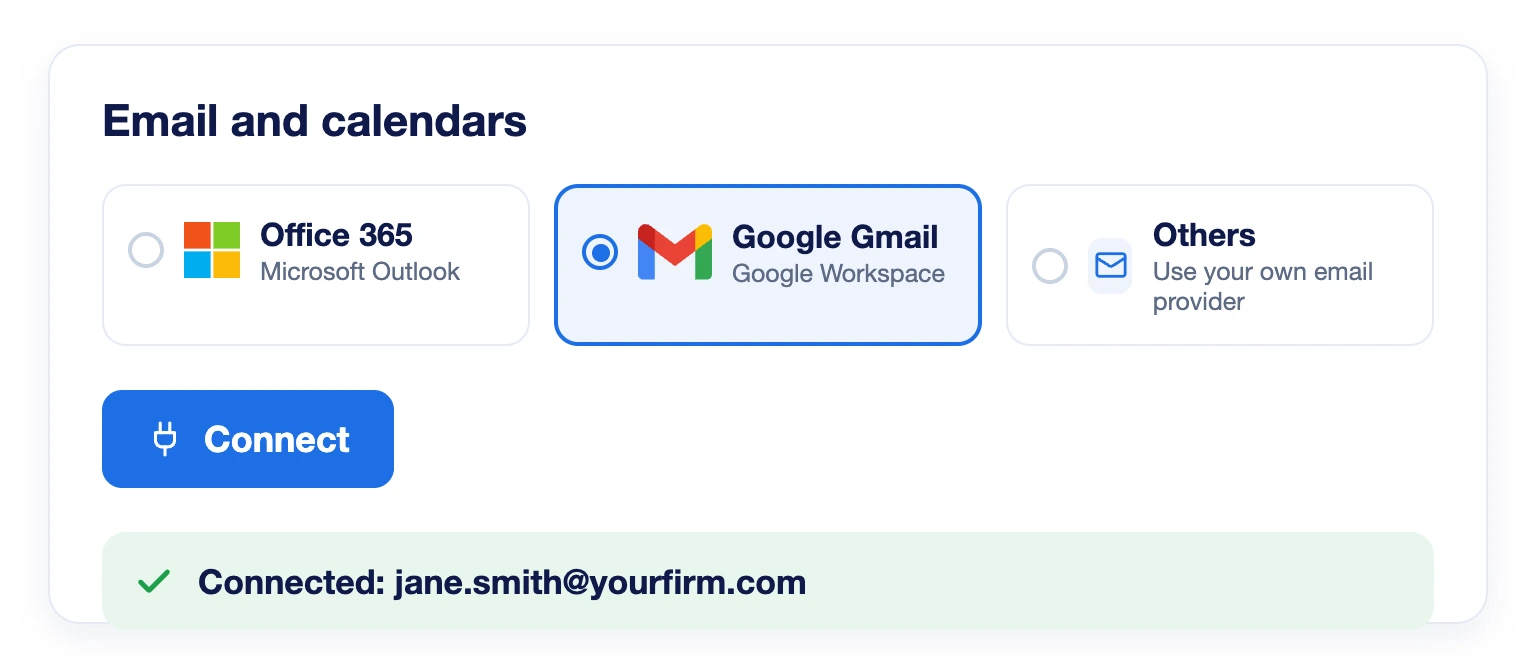 LeadCenter Email and calendars settings with Google Gmail selected and connected