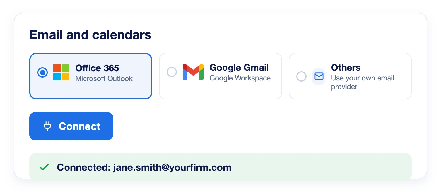 LeadCenter Email and calendars settings with Office 365 selected and connected