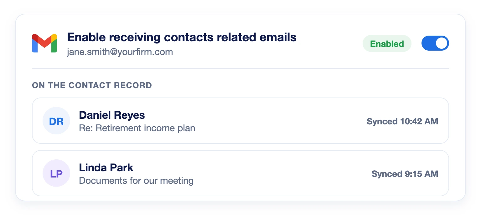 Enable receiving contacts related emails turned on for a Gmail mailbox, with synced client emails