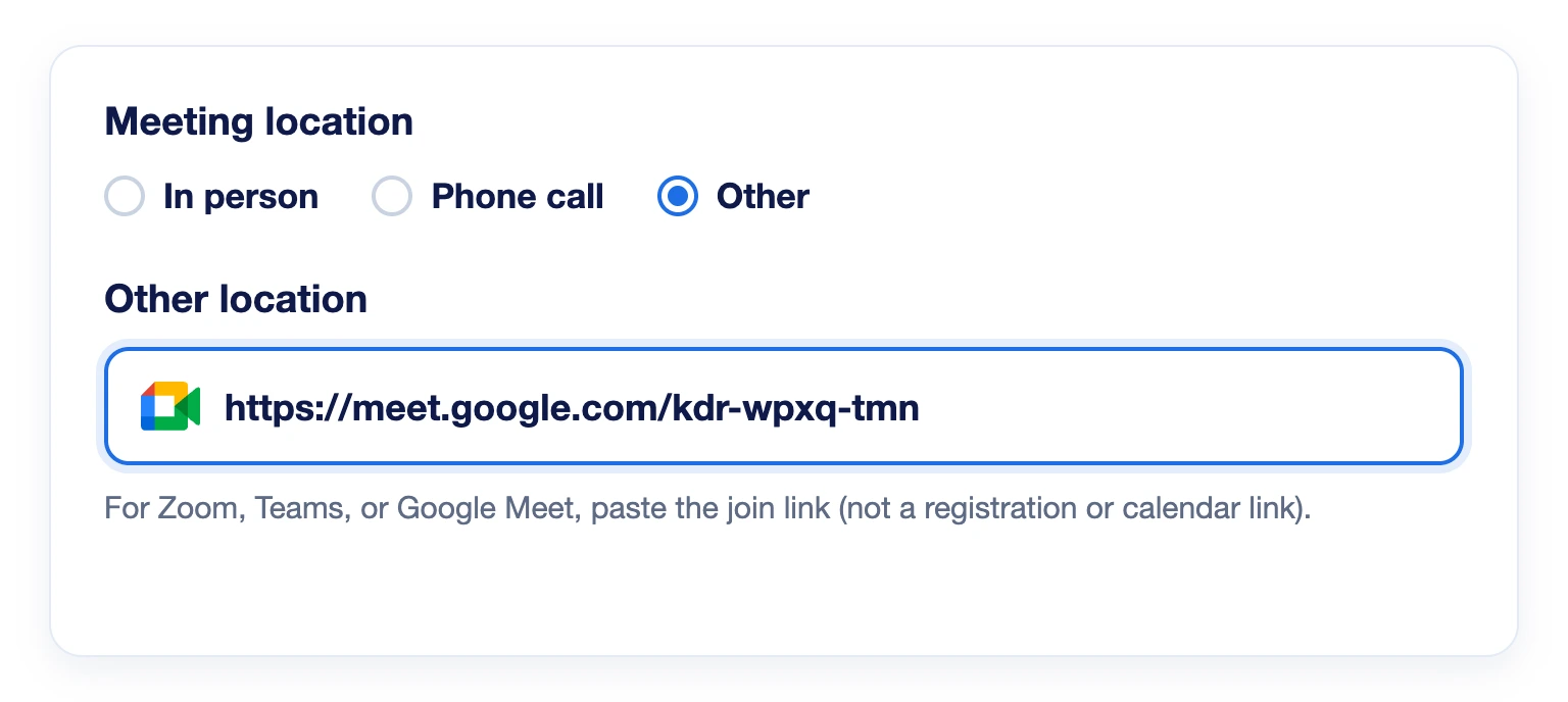 LeadCenter appointment with a Google Meet join link in the meeting location
