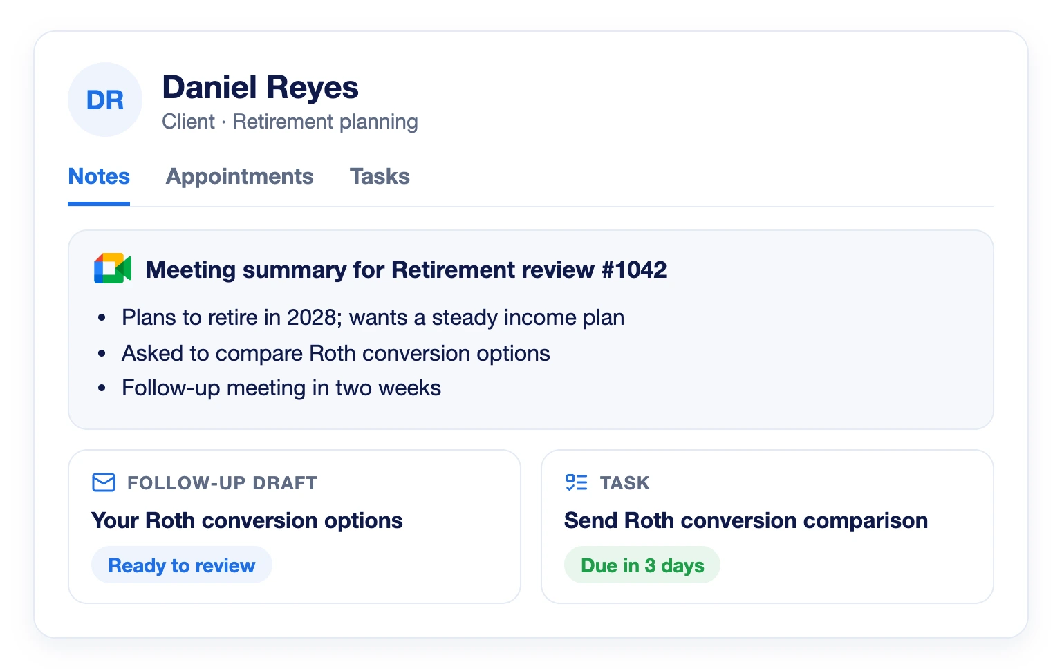 Google Meet meeting summary saved as a note on the contact record, with a follow-up email draft and a task