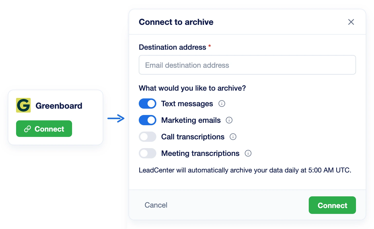 The Greenboard card in LeadCenter Integrations opens the Connect to archive window with the destination address and four archive types