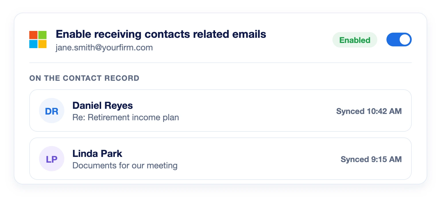 Enable receiving contacts related emails turned on for an Outlook mailbox, with synced client emails