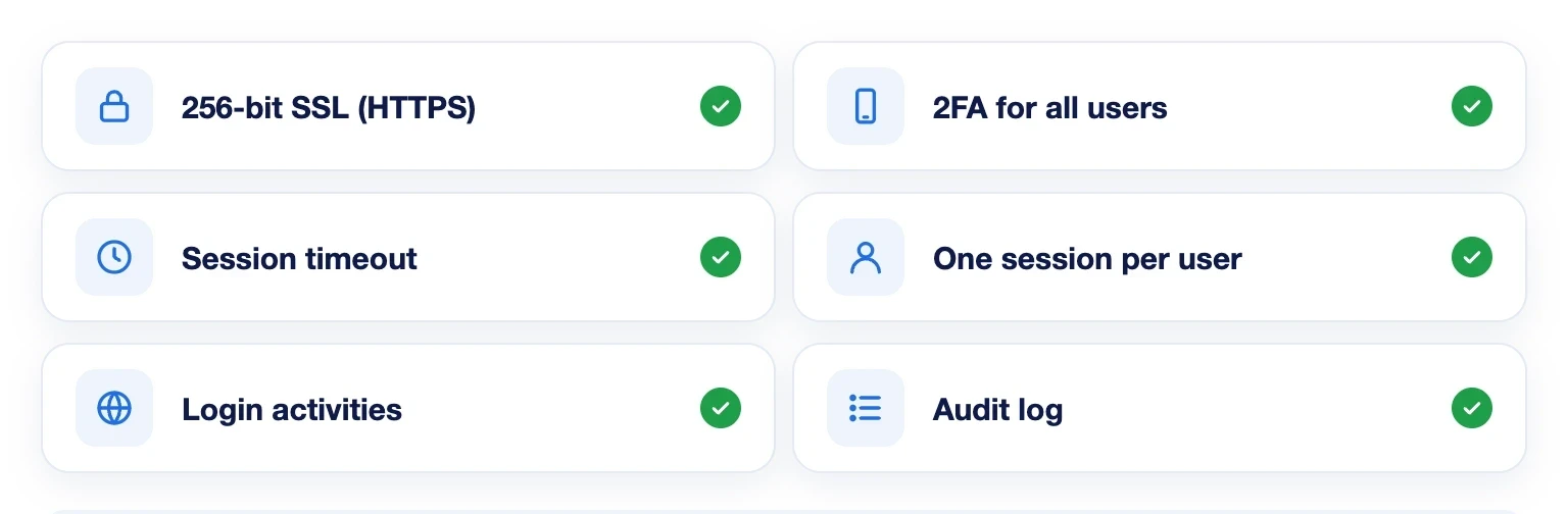 LeadCenter.AI security controls: 256-bit SSL, 2FA for all users, session timeout, one session per user, login activities and audit log