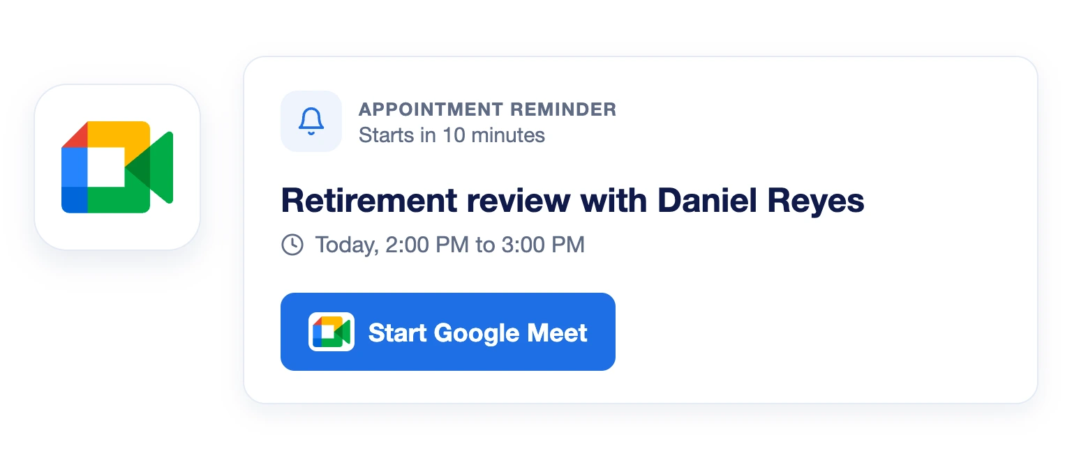 LeadCenter appointment reminder with a Start Google Meet button