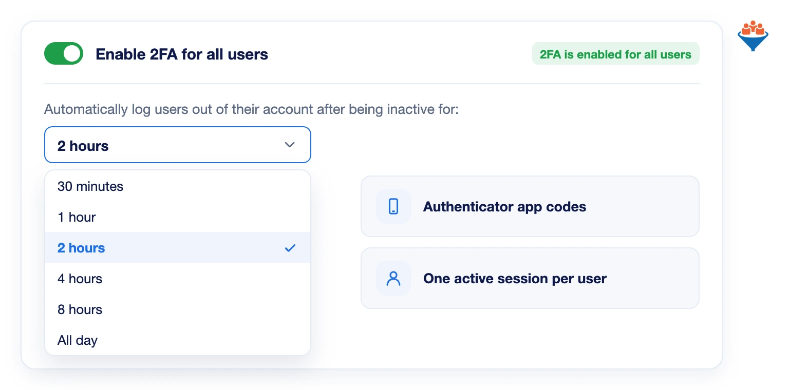 Account security settings in LeadCenter.AI with 2FA enabled for all users and session timeout options
